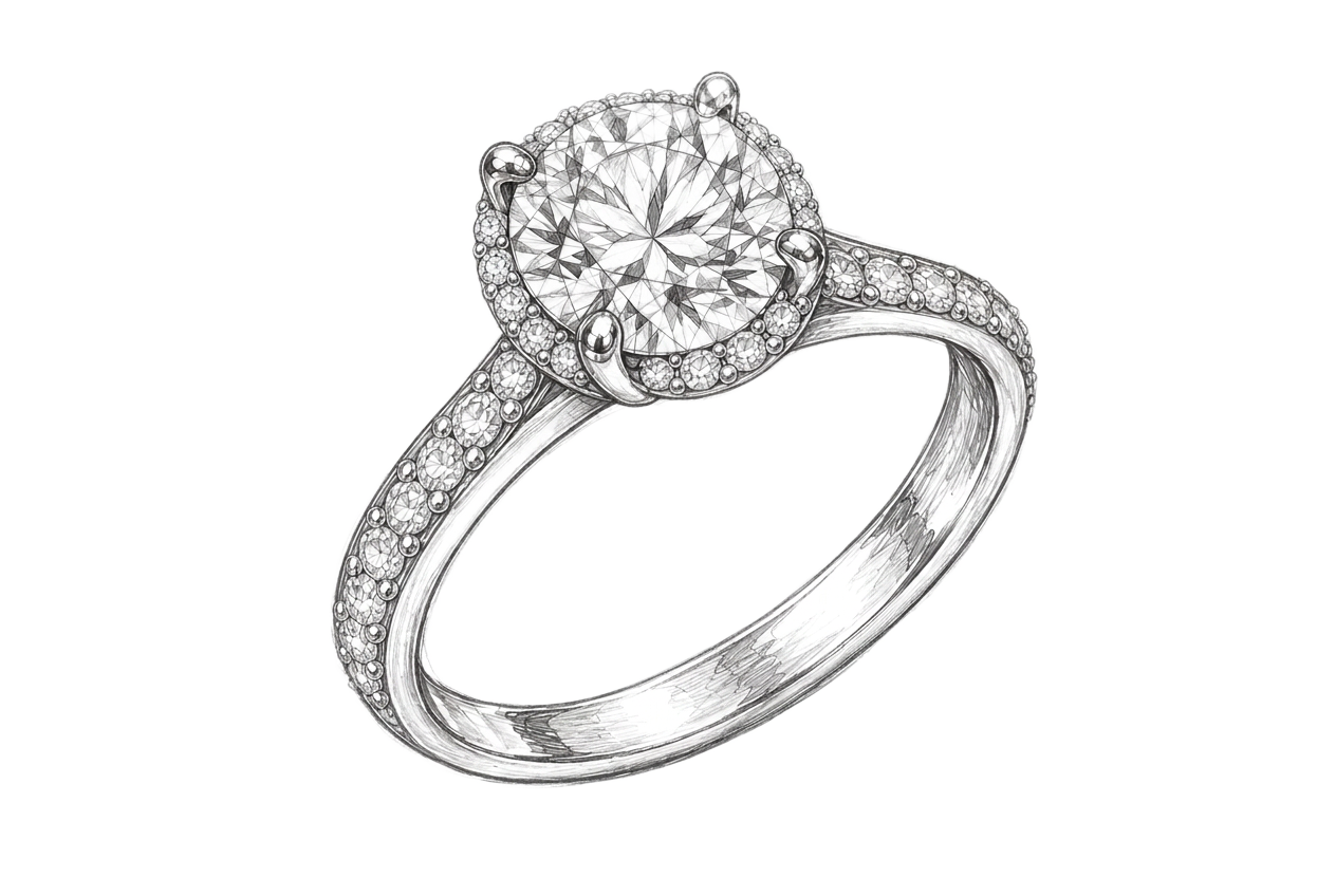 Pavè Shoulders & Halo ring sketch