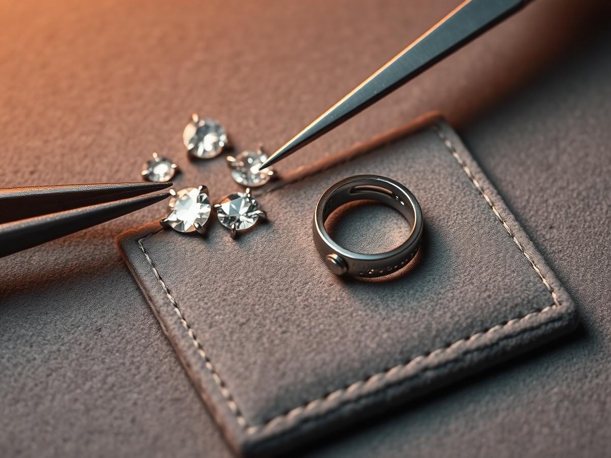 Loose diamonds and an unset ring mounting on a jeweller's bench